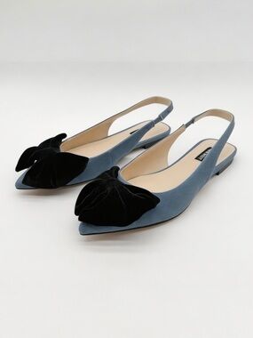 Nine West Junnie Slingback Flats Denim Velvet Bow Pointed Toe 8.5 NEW